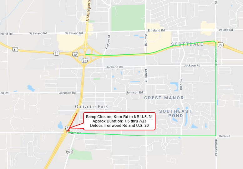 Ramp from Kern Rd to northbound U.S. 31 to be closed